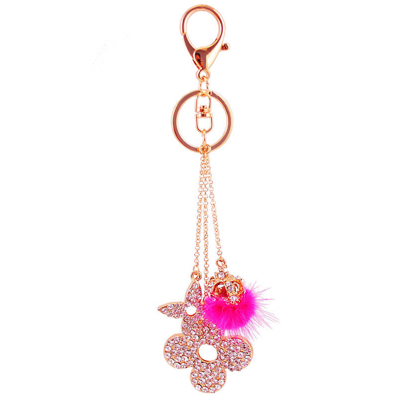 Lucky Clover Keychain Jewelry - Bling Rhinestone & Pom Pom Car Charm, Matching Couple Gift for Women, Symbol of Love & Good Fortune