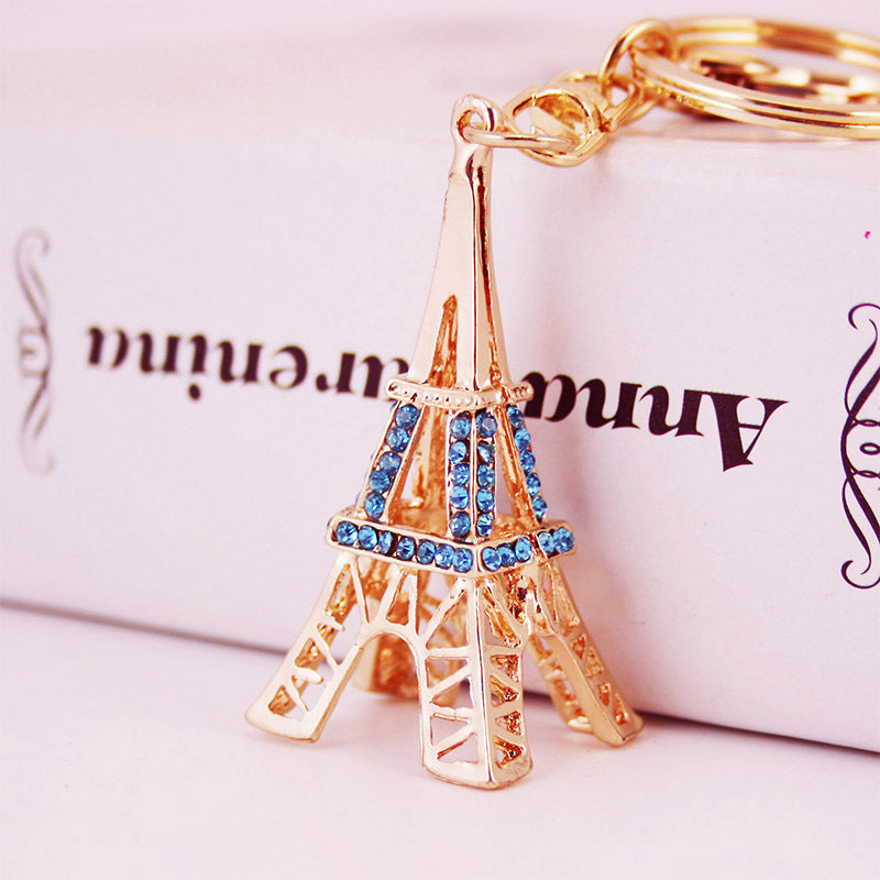 Glistening Rhinestone Crystal Eiffel Tower & Car Keychain - Durable Metal Bag Charm Accessories