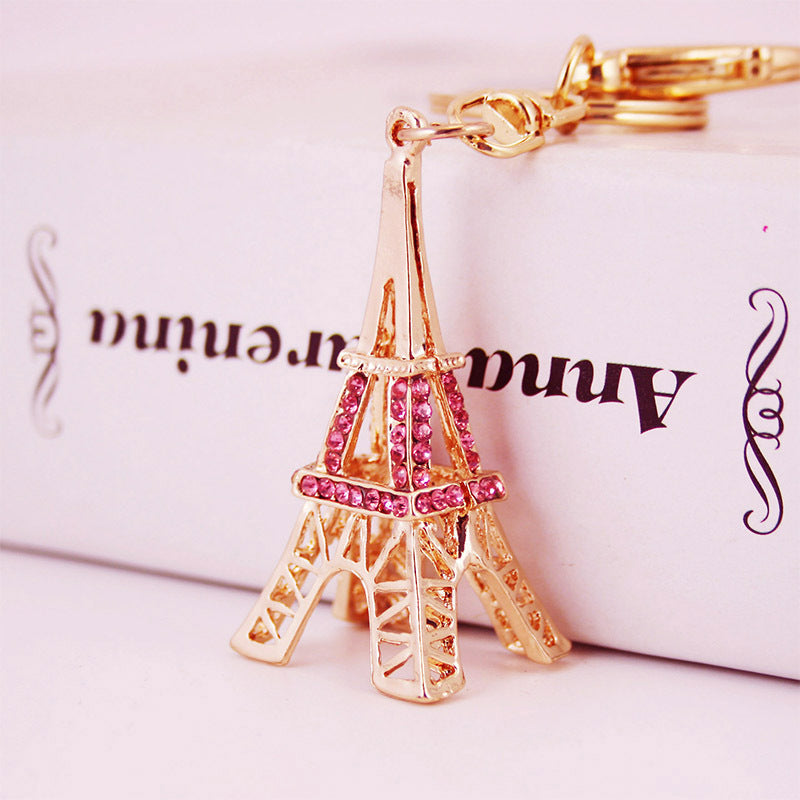 Glistening Rhinestone Crystal Eiffel Tower & Car Keychain - Durable Metal Bag Charm Accessories