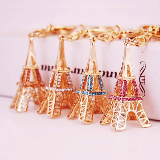 Glistening Rhinestone Crystal Eiffel Tower & Car Keychain - Durable Metal Bag Charm Accessories