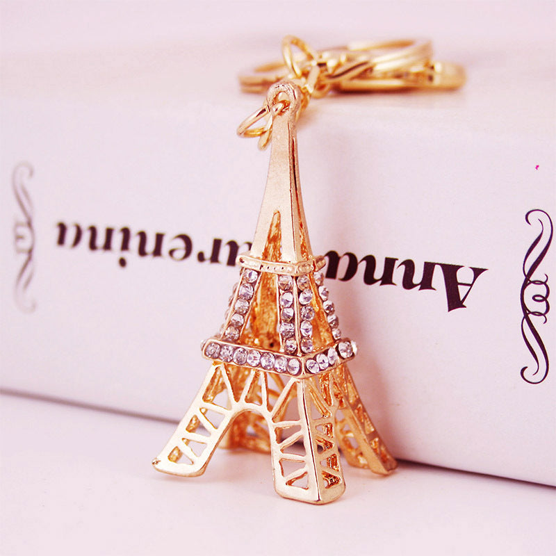 Glistening Rhinestone Crystal Eiffel Tower & Car Keychain - Durable Metal Bag Charm Accessories