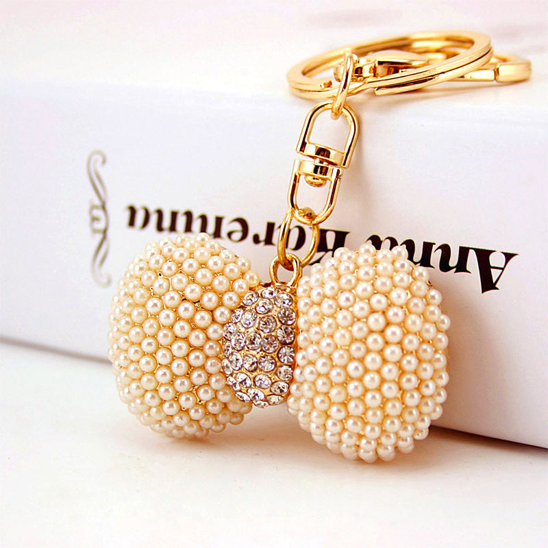 Handcrafted Pearl Accents Bow Keychain - Korean Style Crystal Bag Charm Accessories