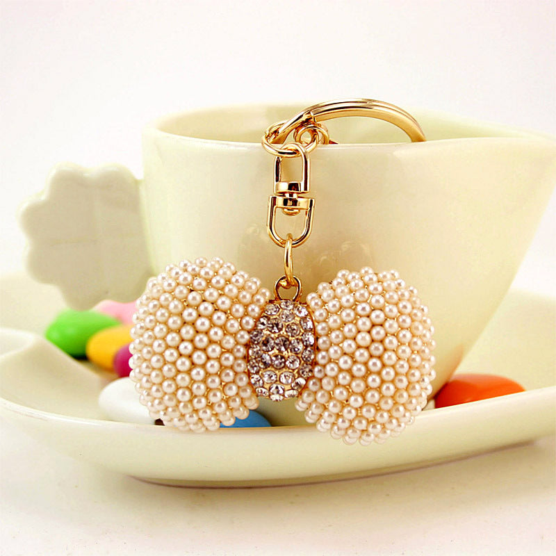 Handcrafted Pearl Accents Bow Keychain - Korean Style Crystal Bag Charm Accessories