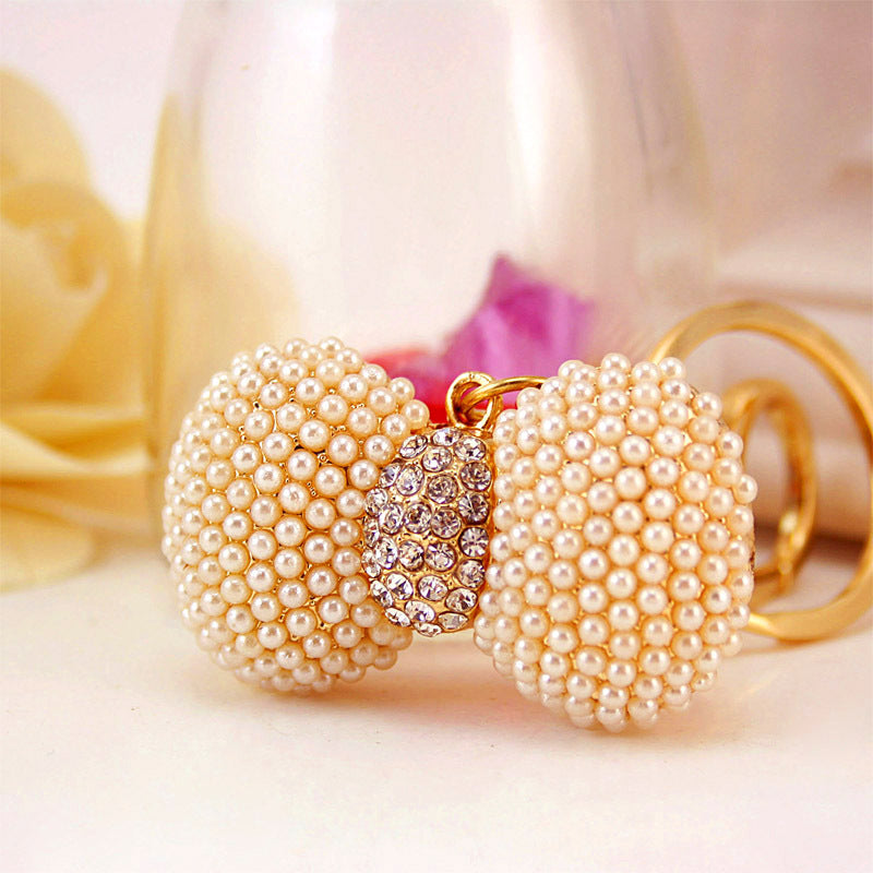 Handcrafted Pearl Accents Bow Keychain - Korean Style Crystal Bag Charm Accessories