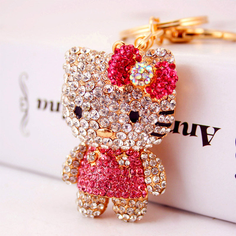 Swarovski-Style Hello Kitty Keychain with Rhinestone Bow - Elegant Kitten Purse Charm for Women, Handmade Metal Jewelry Gift