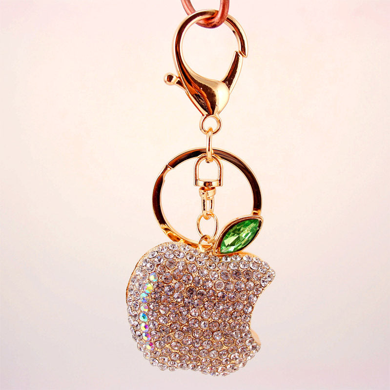 Dazzling Rhinestone Apple Keychain Duo - Gold-Tone Metal Car Charm & Bag Jewelry Set, Healthy Lifestyle Gifts & Teacher Appreciation Accessories