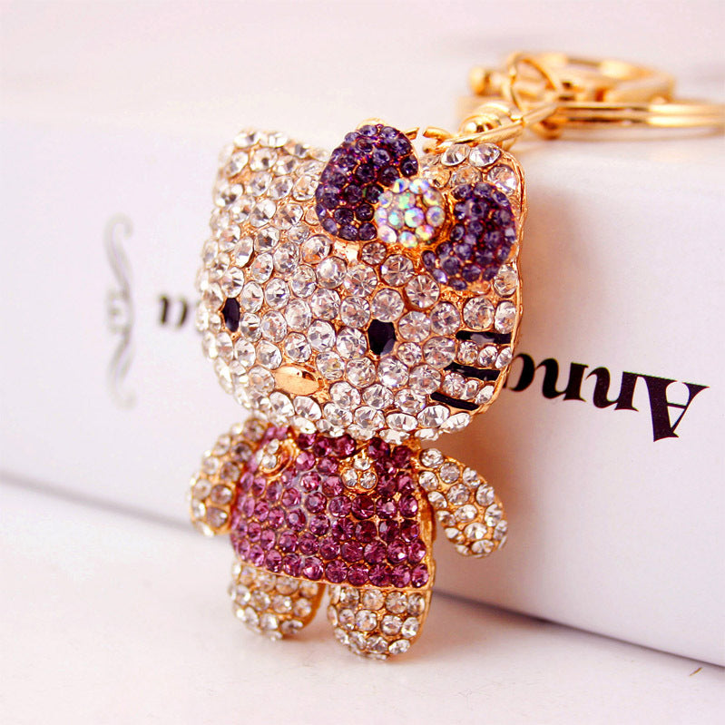 Swarovski-Style Hello Kitty Keychain with Rhinestone Bow - Elegant Kitten Purse Charm for Women, Handmade Metal Jewelry Gift