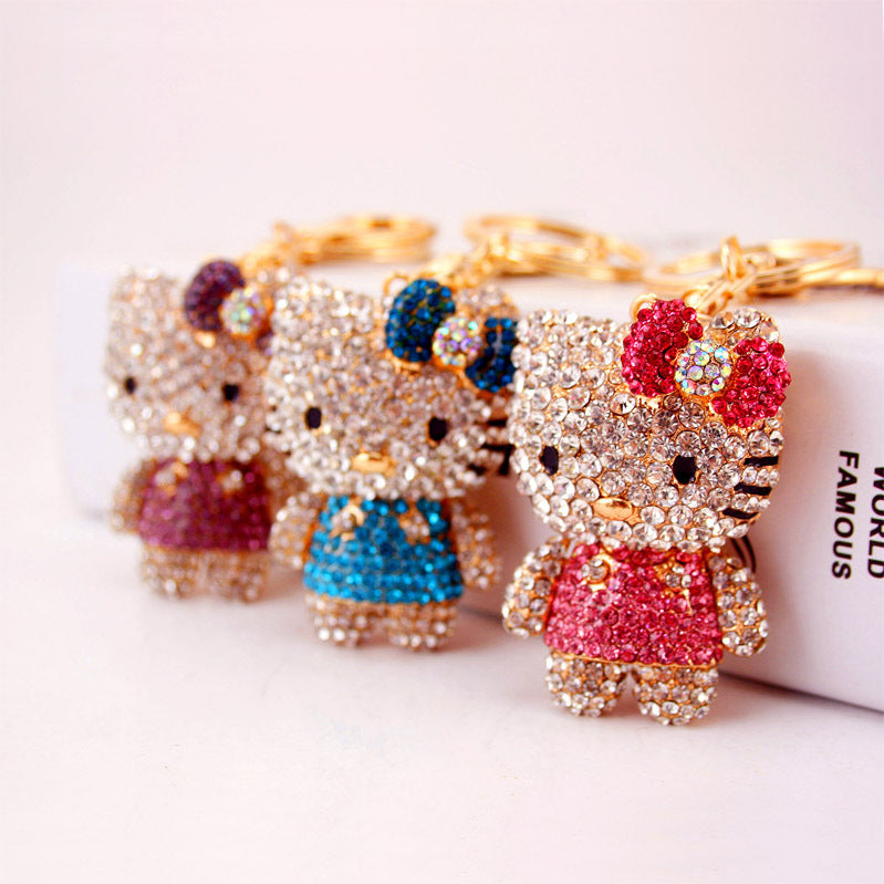 Swarovski-Style Hello Kitty Keychain with Rhinestone Bow - Elegant Kitten Purse Charm for Women, Handmade Metal Jewelry Gift