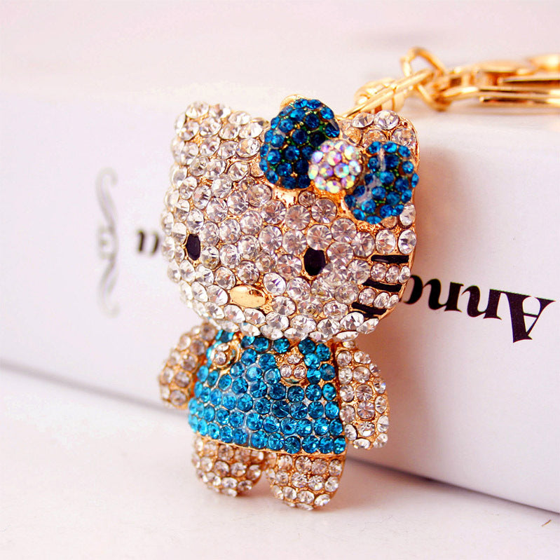 Swarovski-Style Hello Kitty Keychain with Rhinestone Bow - Elegant Kitten Purse Charm for Women, Handmade Metal Jewelry Gift