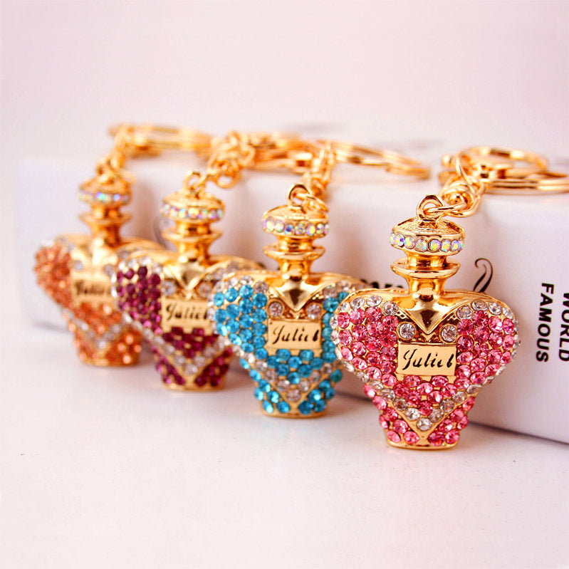 Dazzling Crystal Rhinestone Perfume Bottle Car Charm - Luxe Metal Keychain & Bag Charm Accessories