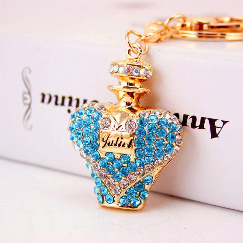 Dazzling Crystal Rhinestone Perfume Bottle Car Charm - Luxe Metal Keychain & Bag Charm Accessories