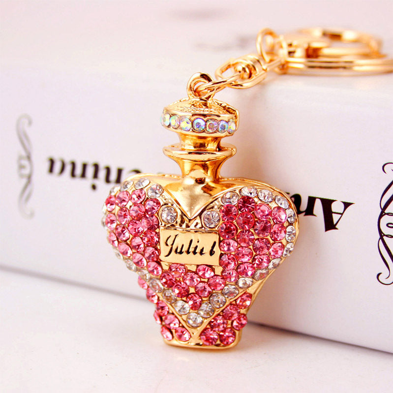 Dazzling Crystal Rhinestone Perfume Bottle Car Charm - Luxe Metal Keychain & Bag Charm Accessories