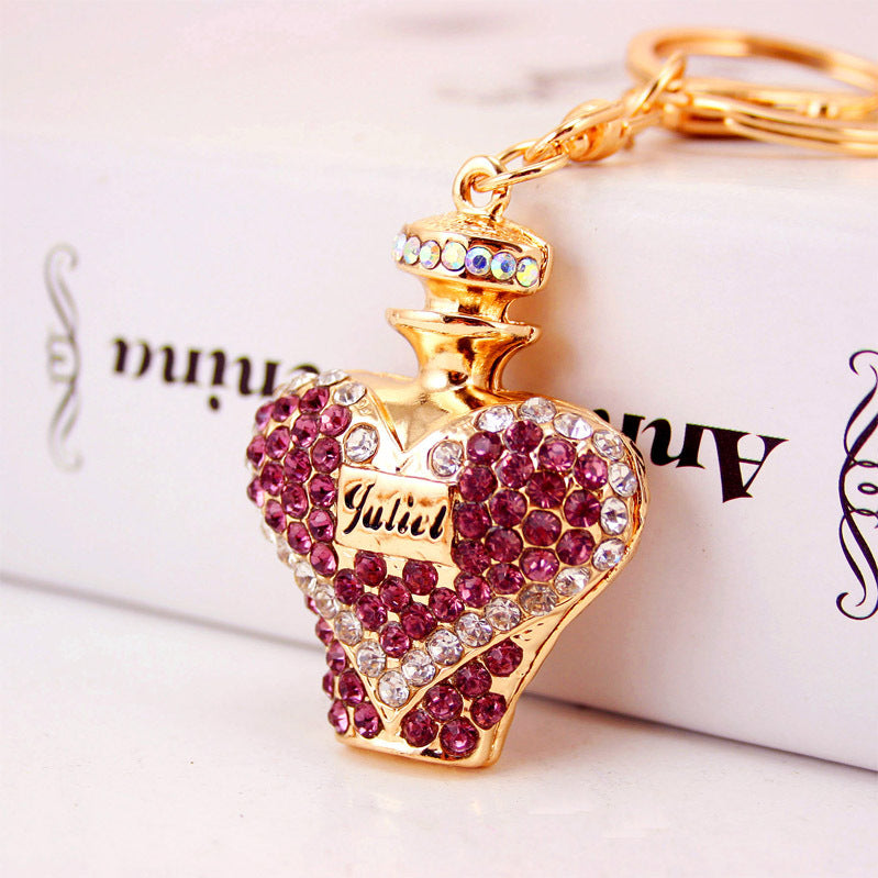 Dazzling Crystal Rhinestone Perfume Bottle Car Charm - Luxe Metal Keychain & Bag Charm Accessories