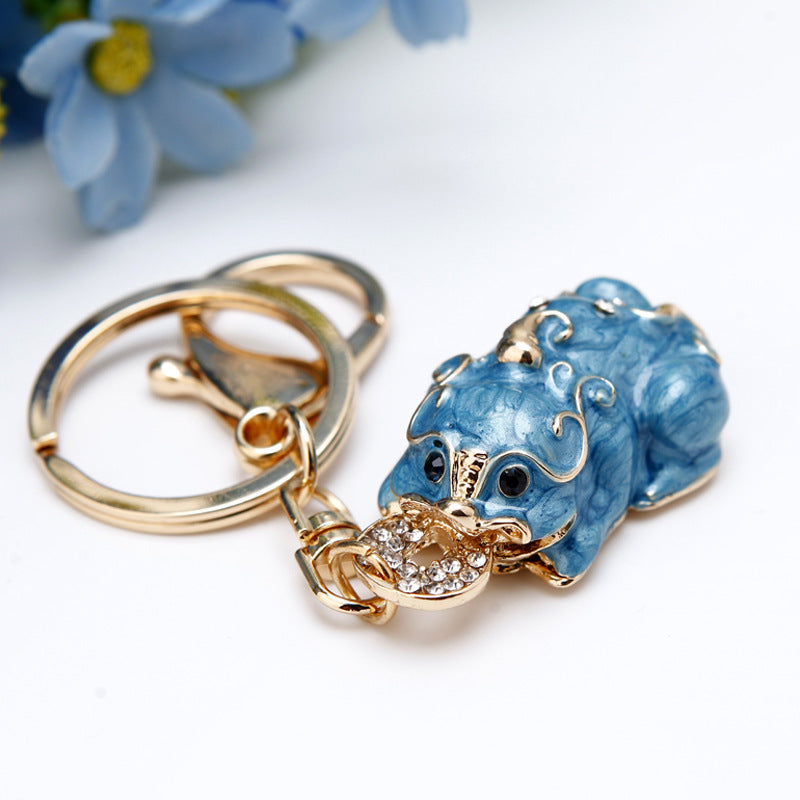 Korean version creative couple diamond studded puppy car keychain women's bag pendant metal keychain ring small gift wholesale