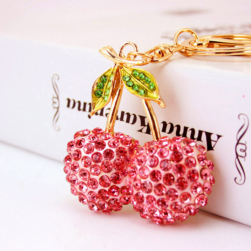 Adorable Cherry Keychain Jewelry - Bling Rhinestone Fruit Keyring, Cute Car & Bag Accessory