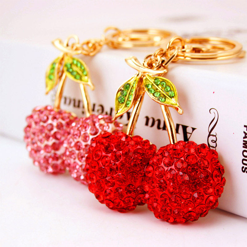 Adorable Cherry Keychain Jewelry - Bling Rhinestone Fruit Keyring, Cute Car & Bag Accessory