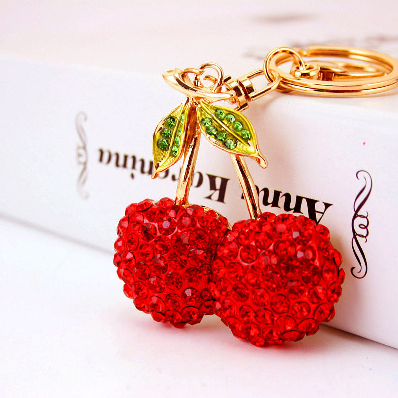 Adorable Cherry Keychain Jewelry - Bling Rhinestone Fruit Keyring, Cute Car & Bag Accessory