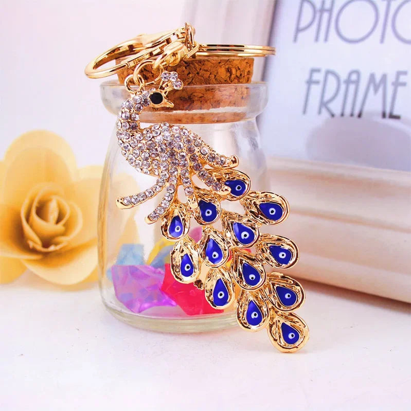 Glamorous Peacock Eye Car Charm Keychain - Iridescent Crystal Rhinestone Bohemian Bag Accessories