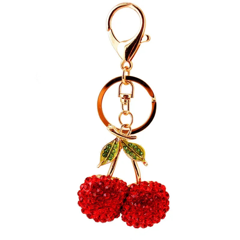 Adorable Cherry Keychain Jewelry - Bling Rhinestone Fruit Keyring, Cute Car & Bag Accessory