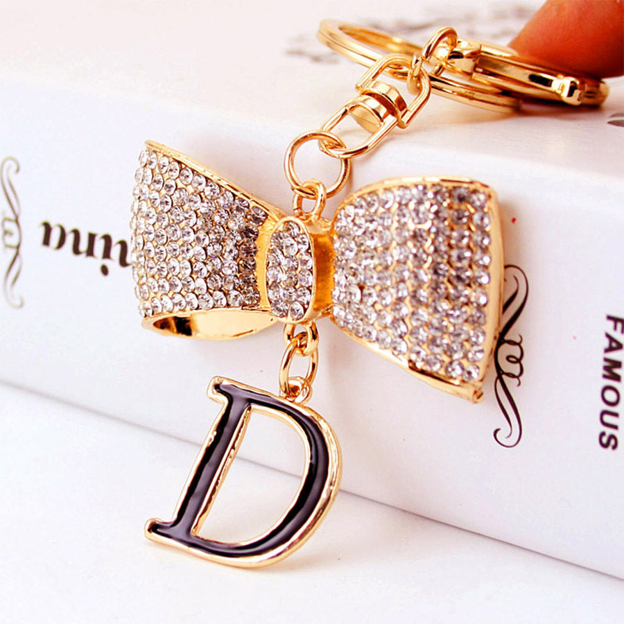 Glamorous Bow & Letter D Keychain for Women - Sparkling Rhinestone Initial Charm, Durable Metal Car Keyring & Bag Accessory