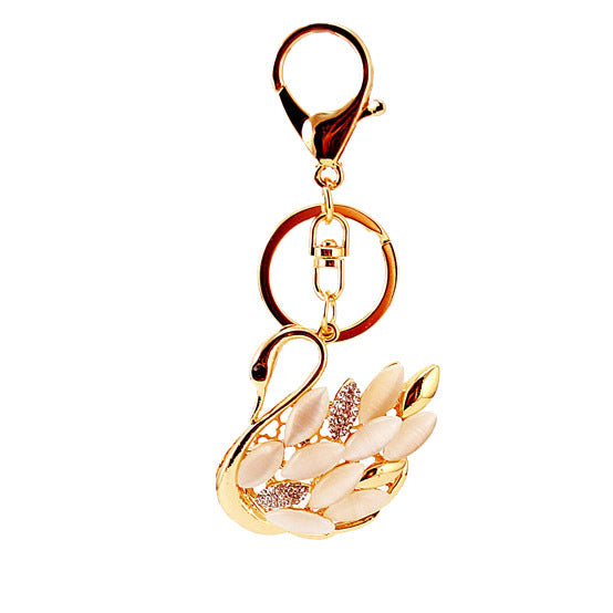 Sparkling Cat Eye Opal Swan Couple Keychain Set - Rhinestone Crystal Animal Bag Charm Accessories