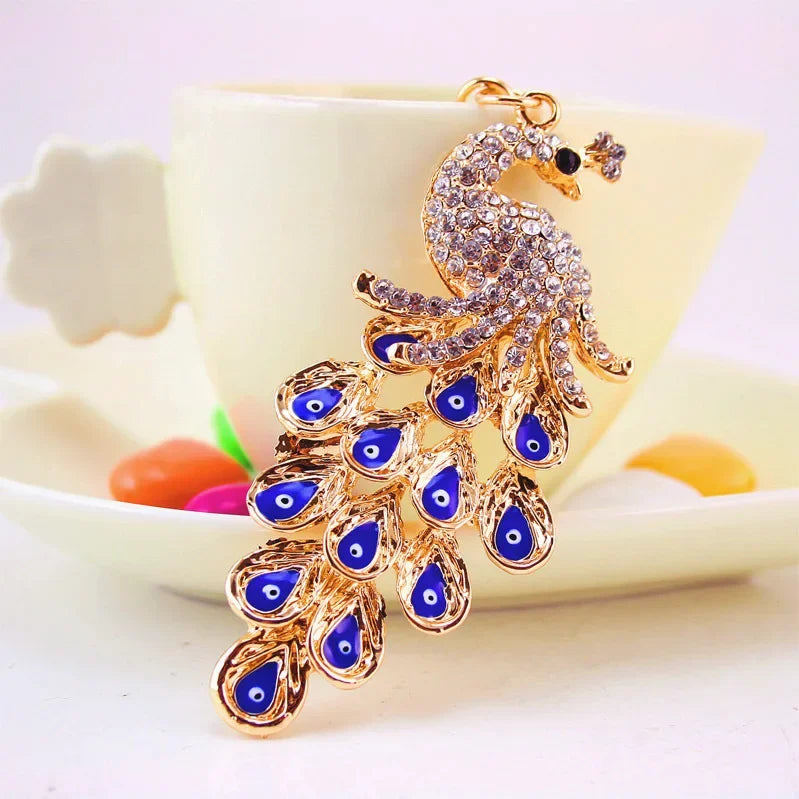 Glamorous Peacock Eye Car Charm Keychain - Iridescent Crystal Rhinestone Bohemian Bag Accessories