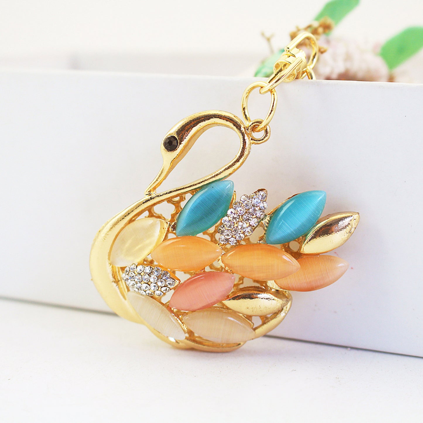 Sparkling Cat Eye Opal Swan Couple Keychain Set - Rhinestone Crystal Animal Bag Charm Accessories