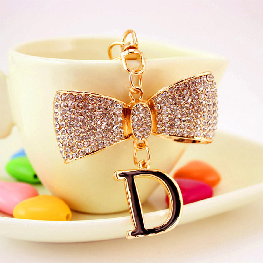 Glamorous Bow & Letter D Keychain for Women - Sparkling Rhinestone Initial Charm, Durable Metal Car Keyring & Bag Accessory