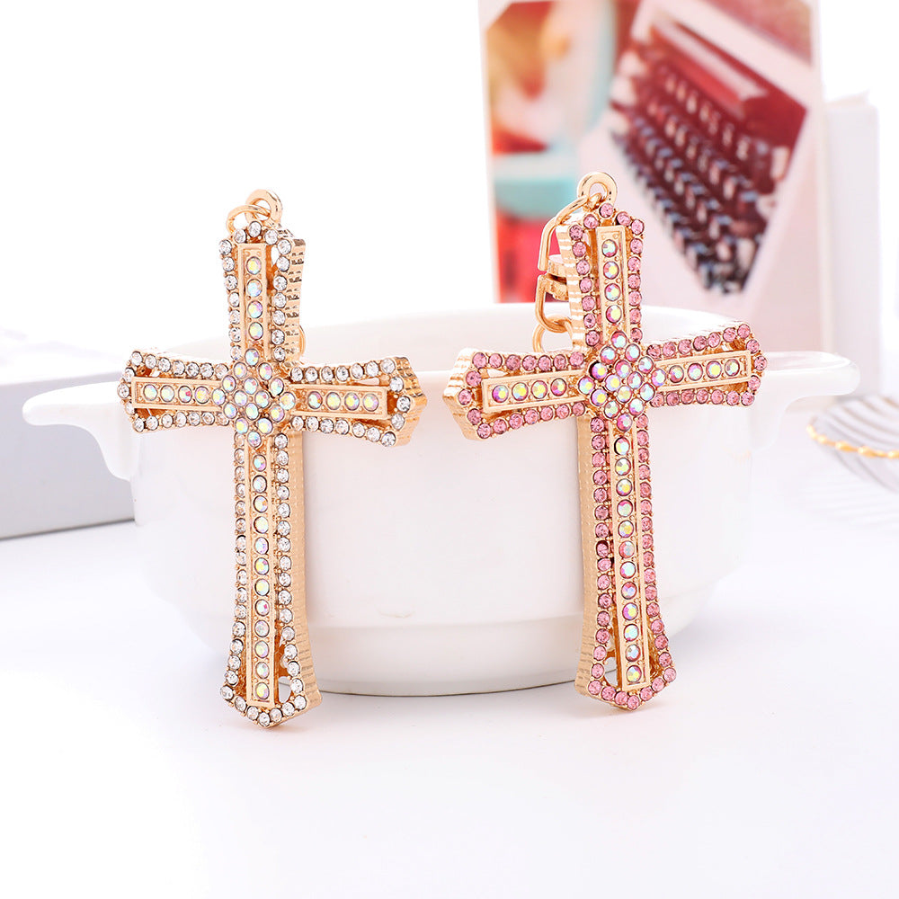 Fashion cross-border hanging decoration creative diamond cross keychain wholesale metal car pendant small gift agency