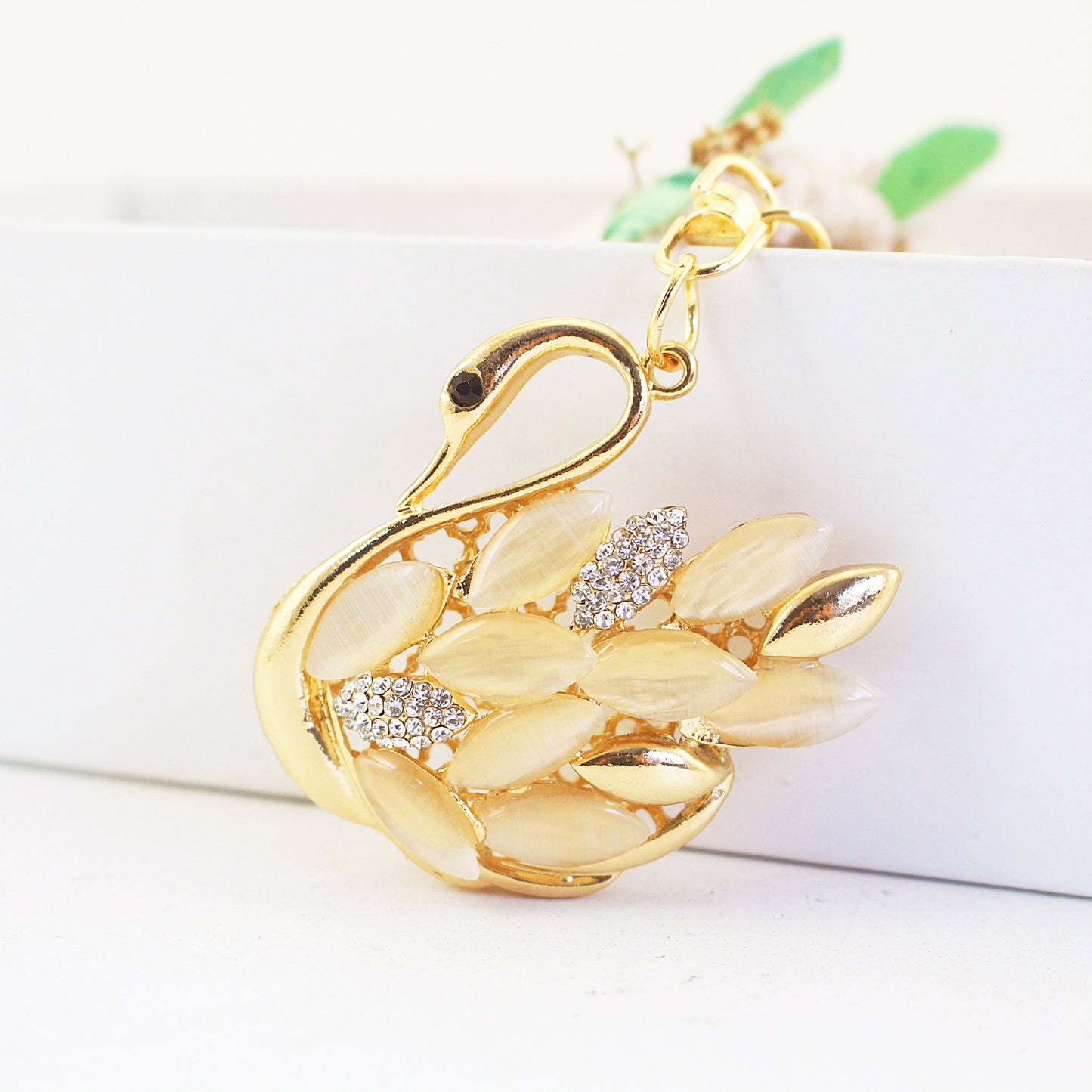 Sparkling Cat Eye Opal Swan Couple Keychain Set - Rhinestone Crystal Animal Bag Charm Accessories