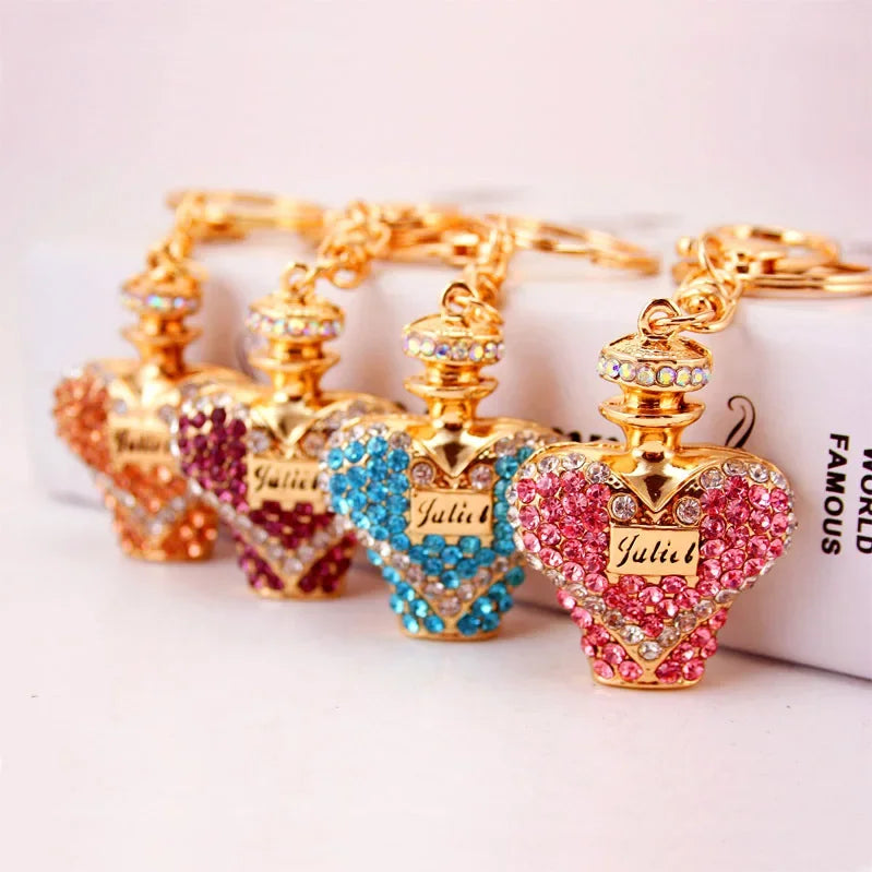 Dazzling Crystal Rhinestone Perfume Bottle Car Charm - Luxe Metal Keychain & Bag Charm Accessories