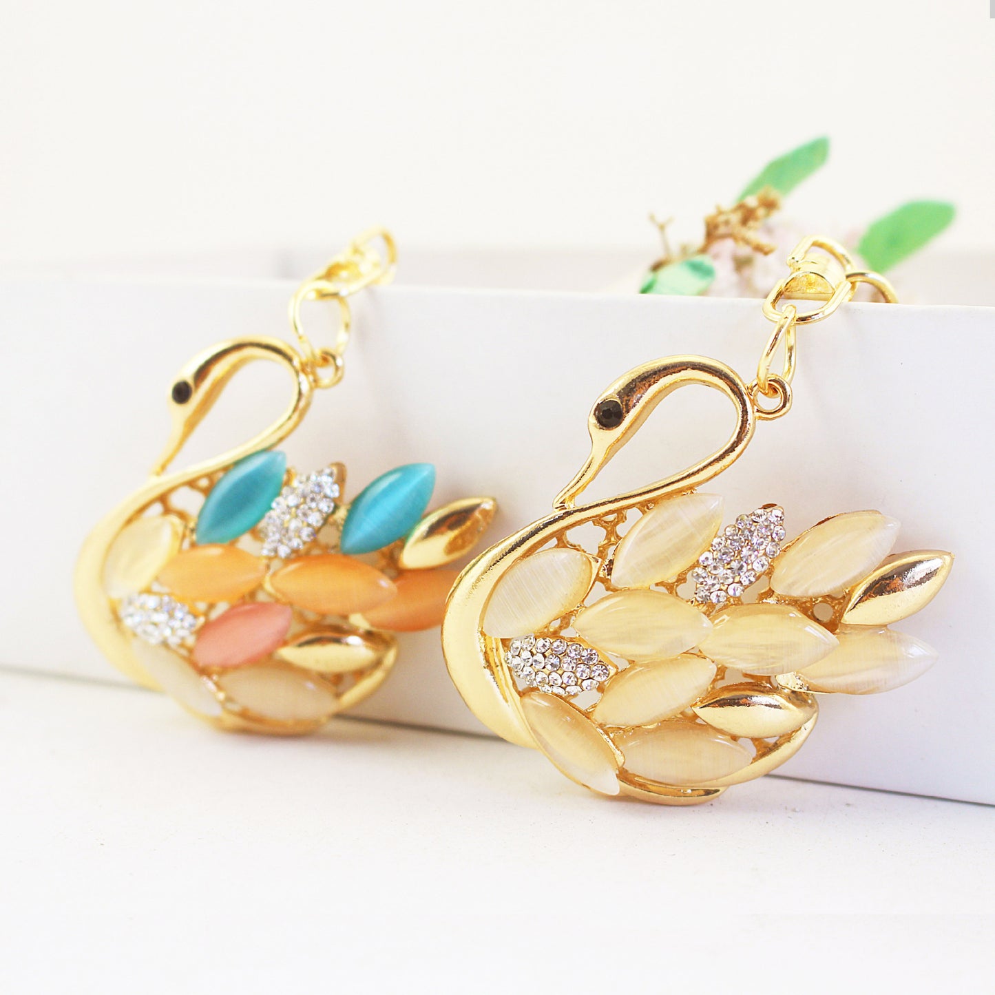 Sparkling Cat Eye Opal Swan Couple Keychain Set - Rhinestone Crystal Animal Bag Charm Accessories