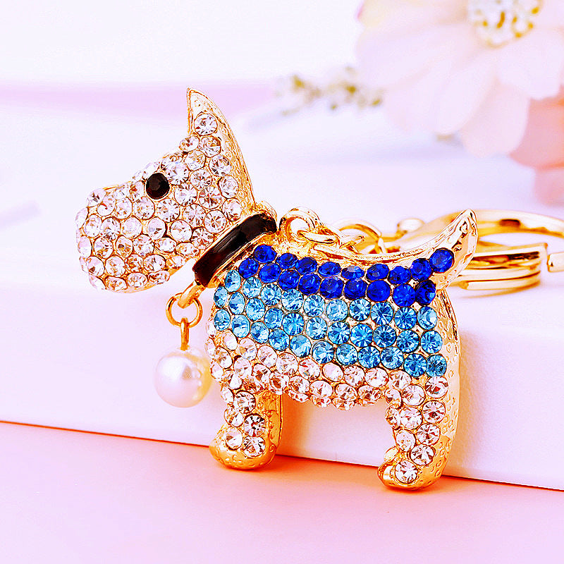 Korean version creative couple diamond studded puppy car keychain women's bag pendant metal keychain ring small gift wholesale