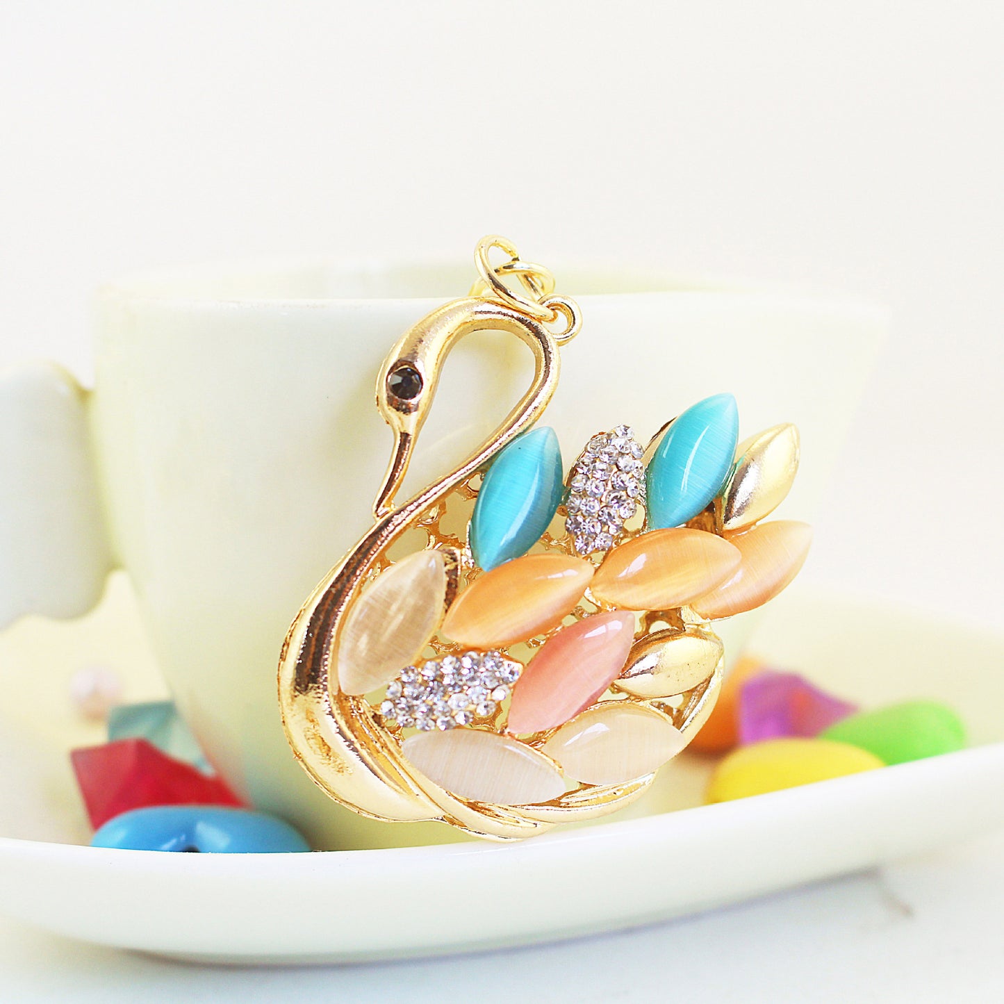 Sparkling Cat Eye Opal Swan Couple Keychain Set - Rhinestone Crystal Animal Bag Charm Accessories