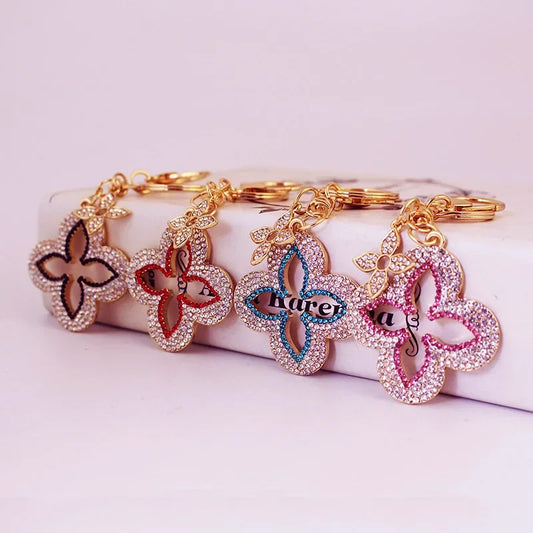 Dazzling Rhinestone Clover Keychain Set - Gold-Tone Metal Bag Charms & Car Jewelry for Women, Meaningful Anniversary Gifts & Everyday Luck Accessories