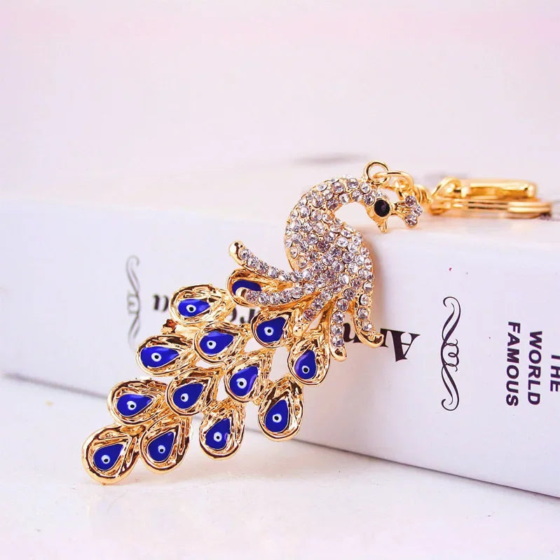 Glamorous Peacock Eye Car Charm Keychain - Iridescent Crystal Rhinestone Bohemian Bag Accessories