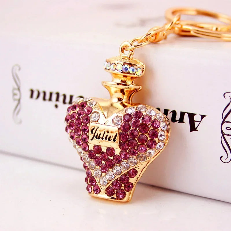 Dazzling Crystal Rhinestone Perfume Bottle Car Charm - Luxe Metal Keychain & Bag Charm Accessories