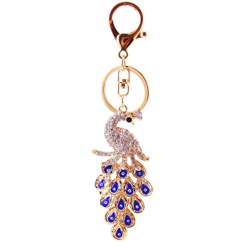 Glamorous Peacock Eye Car Charm Keychain - Iridescent Crystal Rhinestone Bohemian Bag Accessories