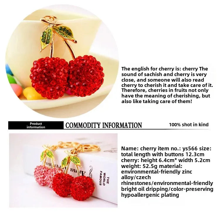 Adorable Cherry Keychain Jewelry - Bling Rhinestone Fruit Keyring, Cute Car & Bag Accessory