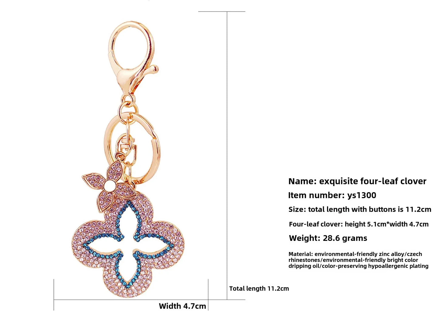 Dazzling Rhinestone Clover Keychain Set - Gold-Tone Metal Bag Charms & Car Jewelry for Women, Meaningful Anniversary Gifts & Everyday Luck Accessories