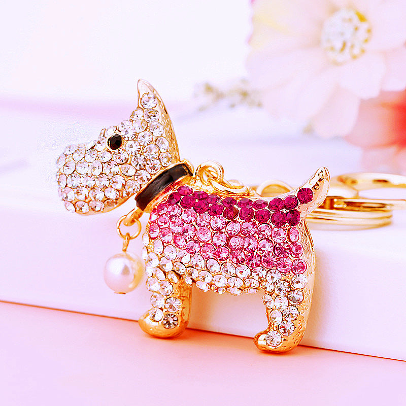 Korean version creative couple diamond studded puppy car keychain women's bag pendant metal keychain ring small gift wholesale