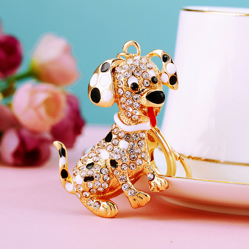 Korean version creative couple diamond studded puppy car keychain women's bag pendant metal keychain ring small gift wholesale