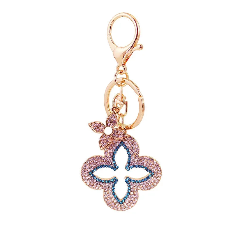 Dazzling Rhinestone Clover Keychain Set - Gold-Tone Metal Bag Charms & Car Jewelry for Women, Meaningful Anniversary Gifts & Everyday Luck Accessories