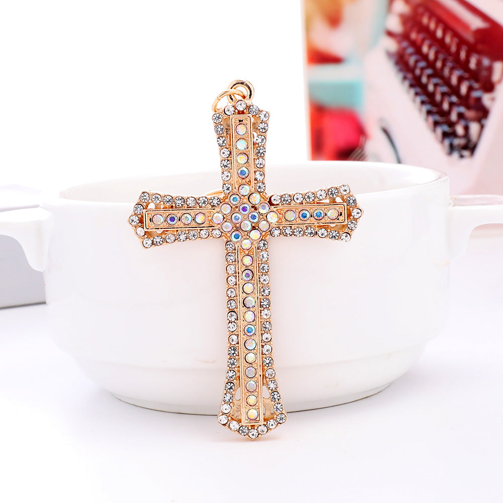 Fashion cross-border hanging decoration creative diamond cross keychain wholesale metal car pendant small gift agency