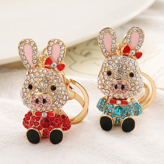 New Twelve Zodiac Rabbit Year Color Cartoon with Diamonds, Cute Rabbit Pig Creative Alloy Keychain Pendant Wholesale