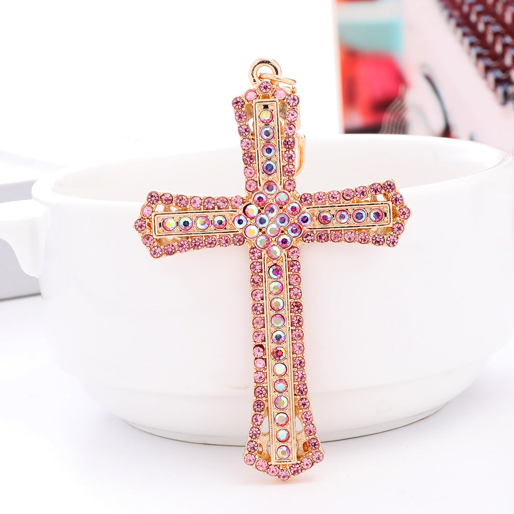 Fashion cross-border hanging decoration creative diamond cross keychain wholesale metal car pendant small gift agency