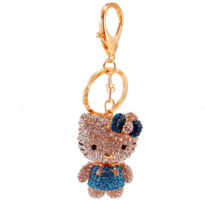 Swarovski-Style Hello Kitty Keychain with Rhinestone Bow - Elegant Kitten Purse Charm for Women, Handmade Metal Jewelry Gift