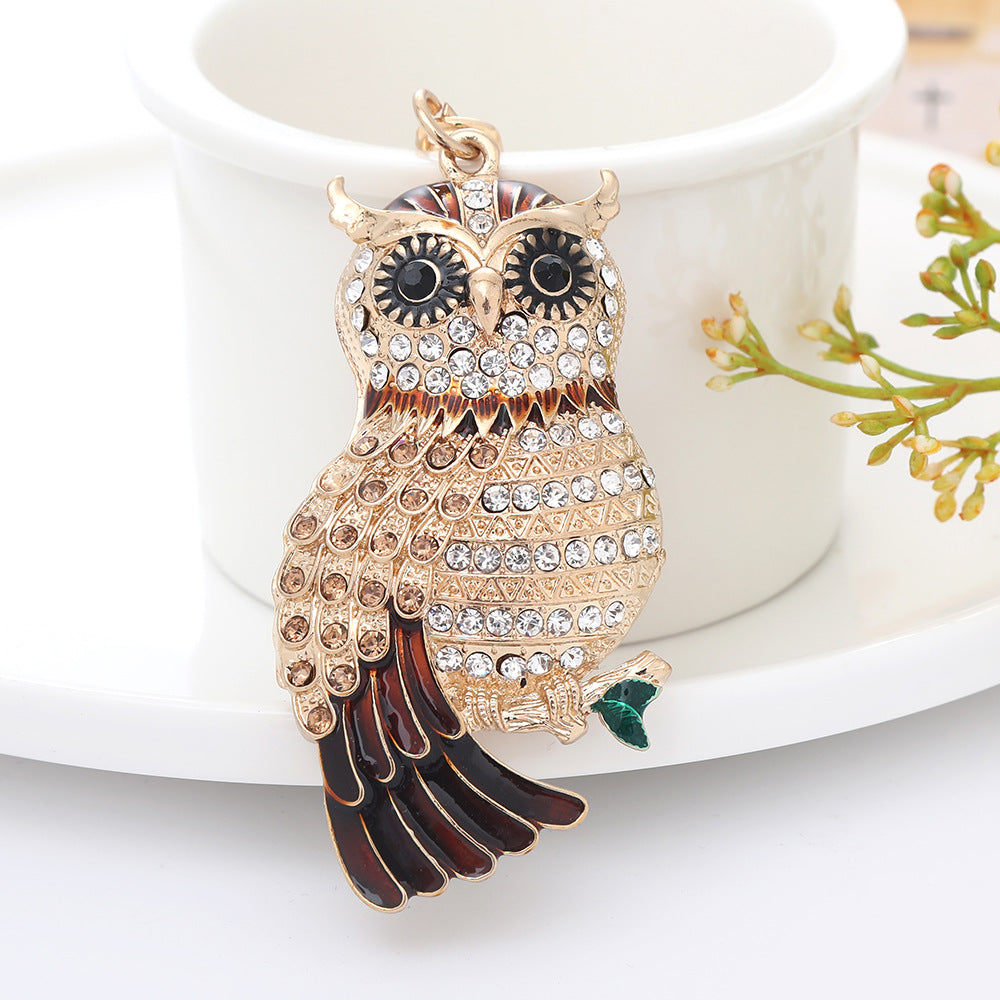 Creative keychain cross-border animal car pendant cute diamond inlaid owl keychain wholesale metal manufacturer