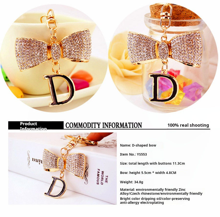 Glamorous Bow & Letter D Keychain for Women - Sparkling Rhinestone Initial Charm, Durable Metal Car Keyring & Bag Accessory