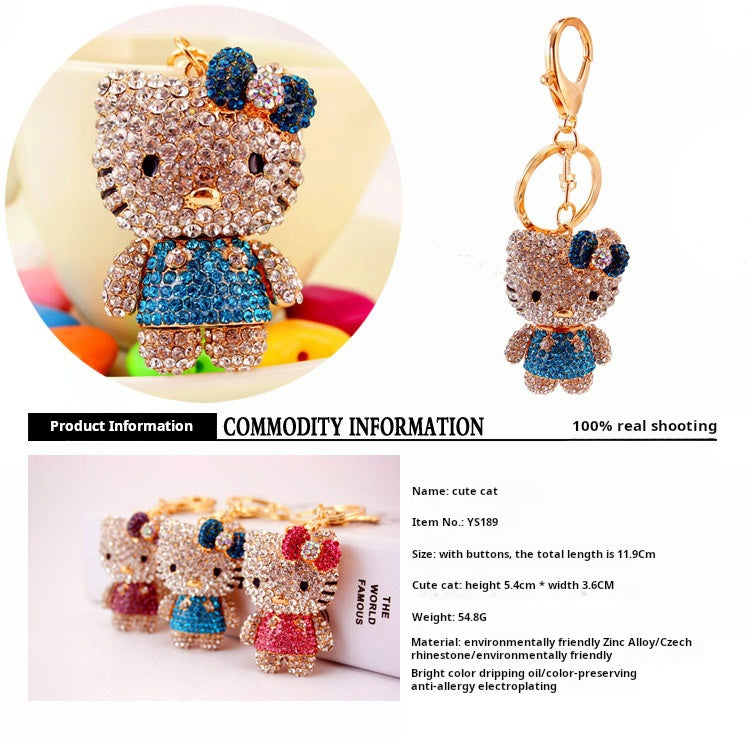 Swarovski-Style Hello Kitty Keychain with Rhinestone Bow - Elegant Kitten Purse Charm for Women, Handmade Metal Jewelry Gift